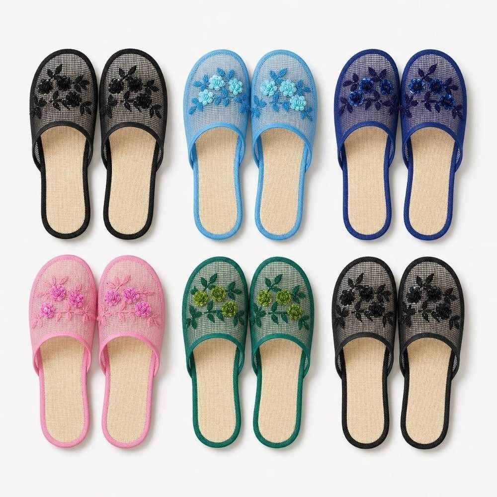 Mule Slip On - カジュアルな花柄刺繍メッシュサンダル、柔らかな底、通気性のあるスライドサンダル、滑り止め、つま先が閉じた女性用サンダル